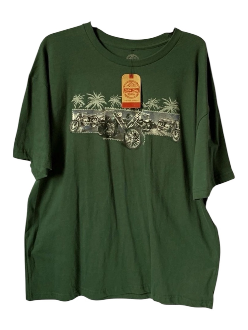 Vintage Cotton Links Motorcycle Palm Tree Graphic T Shirt Green 2XL